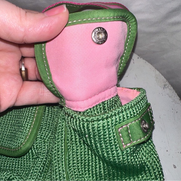 The SAK Belinda Satchel Kelly Green Knit Bag Pink Trim Canvas Straps Buckles - Picture 10 of 12
